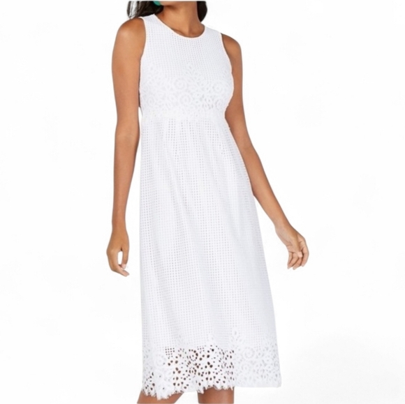 Alfani Dresses & Skirts - Alfani Lace Midi Dress 8 White A Line Sleeveless Fringe Trim Mothers Day New